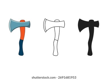 Tres ilustraciones distintas de un hacha: una caricatura colorida, un dibujo de línea detallado y una silueta negra sólida.