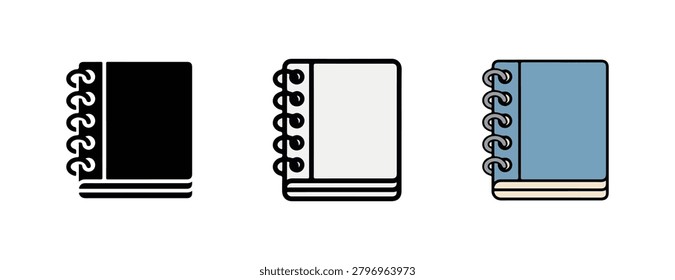 Three distinct illustrations of spiralbound notebooks in different styles including a solid silhouette a minimalist outline and a colored version all showcasing a clean design for graphic resources or concepts