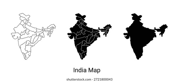 Tres ilustraciones de mapas de la India en blanco y negro, mostrando diferentes estilos y diseños sobre un fondo blanco puro