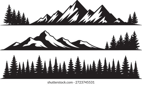 Três cenas paisagísticas distintas com montanhas e árvores em preto e branco ilustração em um fundo branco mostrando níveis variados de detalhe e complexidade em um cenário natural sereno e pacífico.