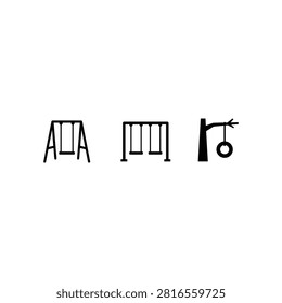 Three distinct line art illustrations depict different types of swings found in playgrounds and parks.