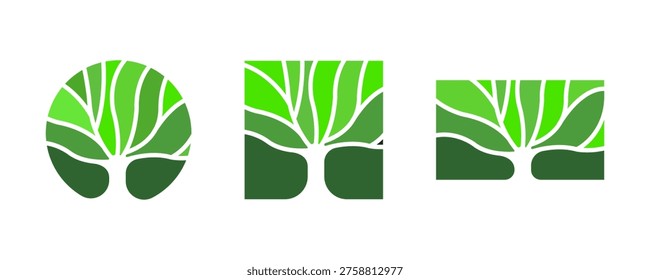 Three distinct minimalist green tree logos with segmented leaves and sturdy trunks, showcasing organic design and environmental themes suitable for branding and ecoconscious projects.