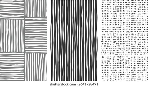 Three distinct monochrome abstract patterns featuring hand-drawn lines stripes and dots in grey white and black create a visually interesting textile design