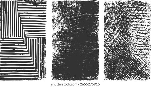 Three distinct monochrome textures featuring geometric lines and distressed grunge patterns.
