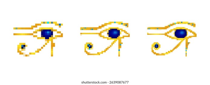 Three distinct mosaic eye designs capture ancient imagery. they are pixelated, featuring gold and blue tones.