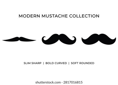 Three distinct mustache styles labeled slim sharp bold curved soft rounded
