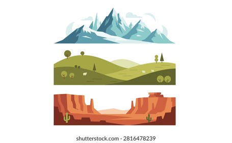 Three distinct natural landscapes including high snowy mountains, rolling green grassy hills, and a classic arid desert canyon scene.
