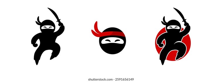 Three distinct ninja icons each with a sword, red accents, and on white create a dynamic scene.