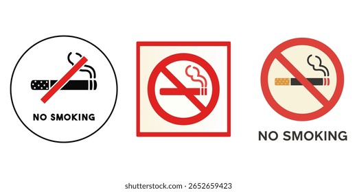 Três ícones distintos "Proibido fumar" são exibidos sobre um fundo branco. Cada ícone apresenta um cigarro com fumaça, riscado por uma barra vermelha, significando uma proibição de fumar.