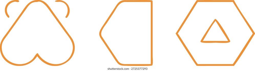 Three distinct orange outlined shapes on a plain white background for design or educational use, including heart and polygon forms. high-quality professional detailed modern elegant stylish clean crisp
