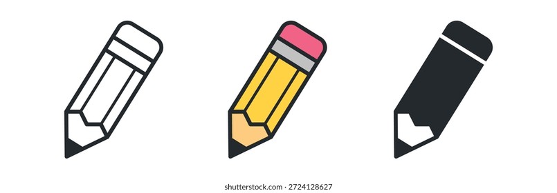 Tres iconos de lápiz distintos que muestran diseños minimalistas en blanco, amarillo y negro.