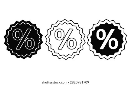 Three distinct percentage symbols are presented on jagged edged starburst badges for graphic design