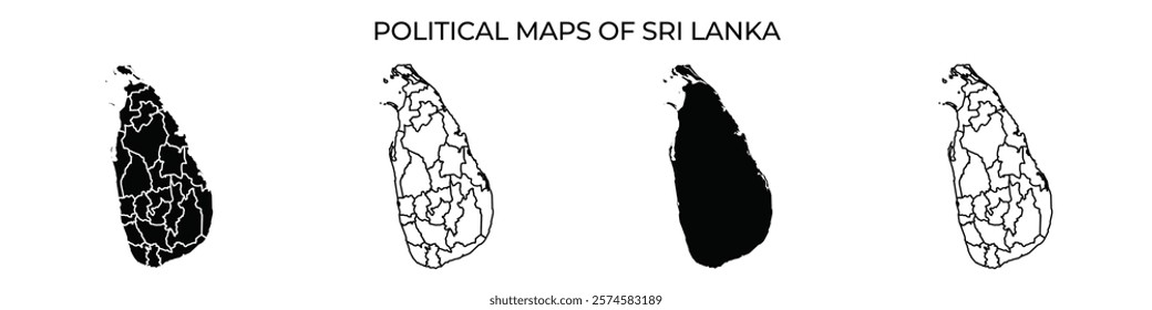 Three distinct political maps of Sri Lanka are displayed, illustrating various outlines and regions. The maps highlight the geographical divisions within the country effectively.