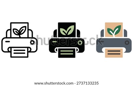 Three distinct printer icons with a leaf logo on paper tray representing eco friendly printing solutions for modern offices and environmentally aware companies showcasing different design aesthetics and styles.
