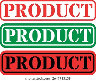 Três etiquetas de produto distintas com designs vermelho e verde arrojados