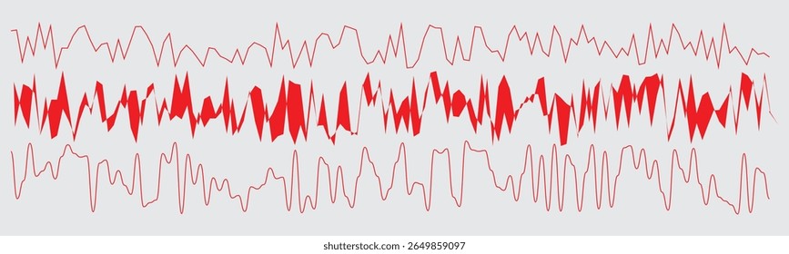 Three distinct red abstract waveform patterns are displayed against a light gray background. 