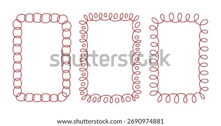 Three distinct red decorative rectangular frames with unique border designs, including oval chains and curly loops, on a white background.