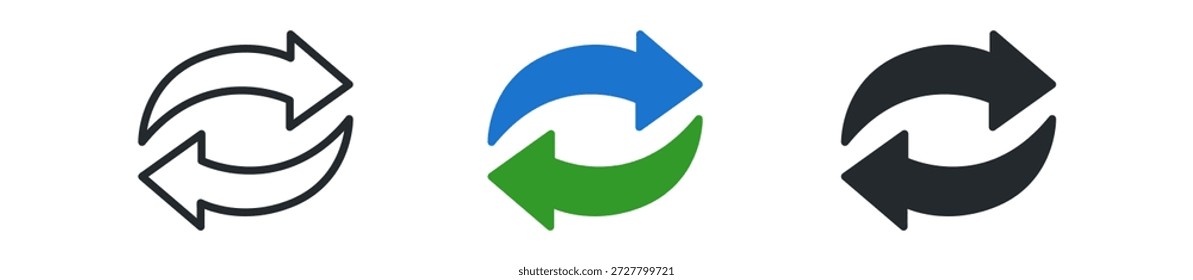Three distinct refresh symbols, representing data synchronization with varied colors: black, blue, and green.