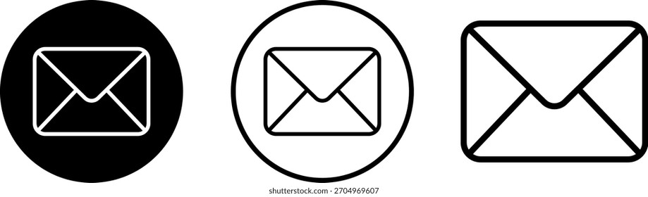 Três representações distintas de um ícone de envelope. Um é um oval preto sólido com um envelope branco, outro é um contorno oval branco com um envelope branco, e o terceiro é um contorno retangular com