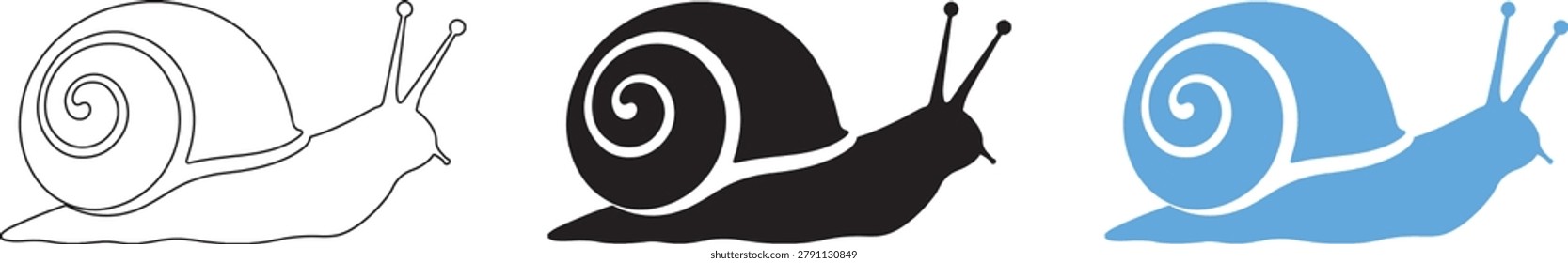 Three distinct representations of a snail are presented side-by-side on a white background. The leftmost is a black outline of a snail with a coiled shell and two antennae. The middle is a solid black silhouette of the same snail. The rightmost is a solid blue silhouette of the snail, also with a coiled shell and antennae. All three snails are depicted in profile, appearing to be moving forward.