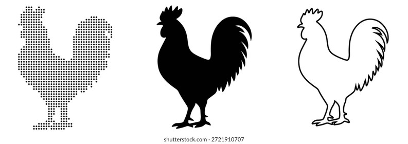 Tres ilustraciones de gallo distintas: pixelado, silueta sólida, y arte de contorno
