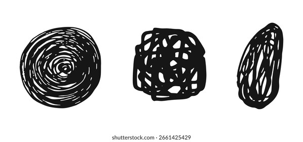 Three distinct scribbles form abstract shapes, showcasing hand drawn textures and artistic expression with black ink against a clean white background