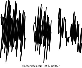 Three distinct sections of black scribbled lines are.