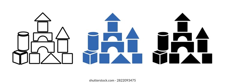 Three distinct sets of geometric building blocks, each forming a castle-like structure, presented as icons on a clean white background