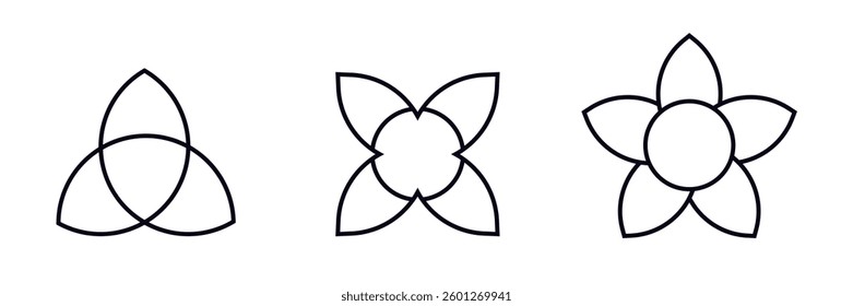 Three distinct shapes with curved lines and intersecting designs in black outlines are shown.