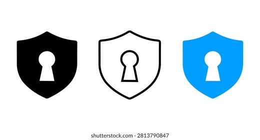 Three distinct shield shapes featuring keyhole designs isolated on transparent background illustrating safety and authorization themes in different styles and colors