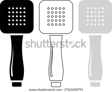Three distinct showerhead representations showcase differing styles. Useful for illustrating plumbing or bathroom renovation concepts.
