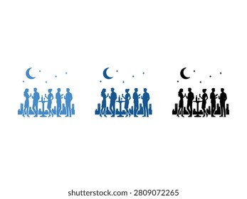 Three distinct silhouette illustrations show groups of people standing around tables with drinks under a night sky with moon and stars.