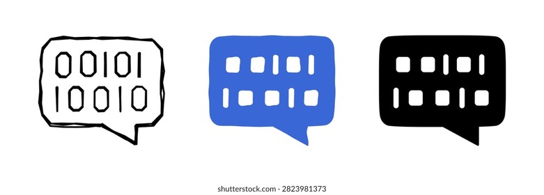 Three distinct speech bubble icons represent digital communication, featuring binary code in black, blue, and outline styles