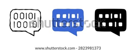 Three distinct speech bubble icons represent digital communication, featuring binary code in black, blue, and outline styles