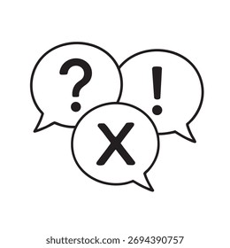 Three distinct speech bubbles display symbols: question, exclamation, and x.