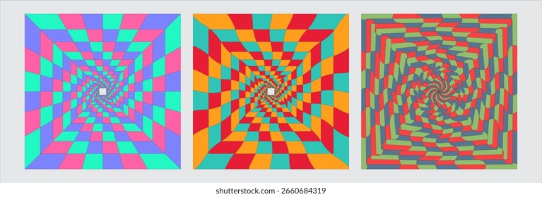 Three distinct square-shaped abstract designs creating optical illusions of tunnels or vortexes with bold, contrasting geometric patterns in various color schemes.