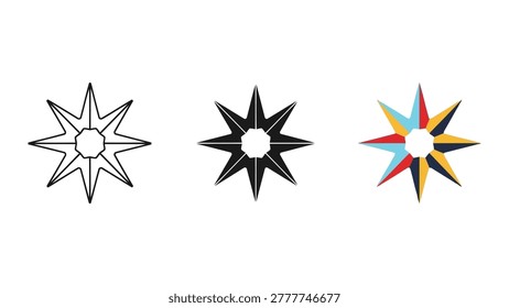 Three distinct star shapes are displayed against a white background. The first is an outline, the second is a solid black silhouette, and the third is a colorful geometric design.