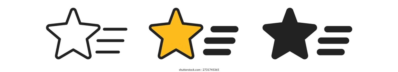 Três estrelas distintas apresentando diferentes estilos: contornado, preenchido e sólido, ideal para classificações e elementos de design.
