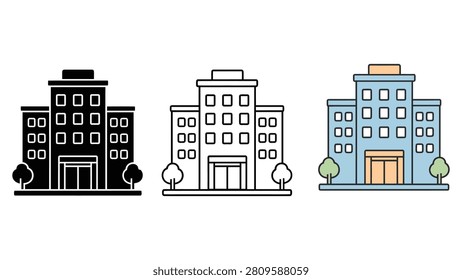 Three distinct styles of building icons are displayed in a sidebyside arrangement