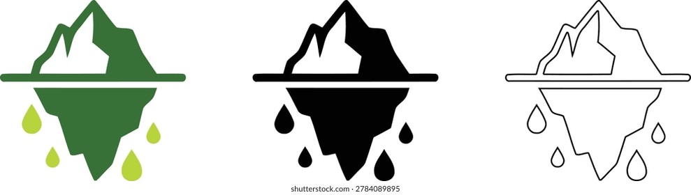 Three distinct styles of melting iceberg icons. Includes green solid, black solid, and thin outline versions. Ideal for environmental awareness campaigns, climate change reports, and ecological infographics. These vector graphics illustrate global warming impacts. Suitable for sustainability websites, educational presentations, and non-profit marketing materials.