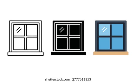 Three distinct styles of a square window are presented side-by-side. The first is a simple outline, the second a solid black silhouette, and the third a flat design with blue panes and a beige sill.