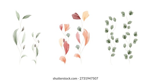 Três estilos distintos de ilustrações de folhas de aquarela são exibidos.