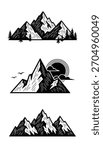 Three distinct stylized hand drawn monochrome illustrations of mountain peaks and ranges, evoking adventure, nature, and exploration. Perfect for badges, logos, and outdoor designs.
