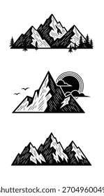 Drei eigenständige, handgezeichnete monochrome Illustrationen von Berggipfeln und Bergketten, die Abenteuer, Natur und Erkundung hervorrufen. Perfekt für Abzeichen, Logos und Outdoor-Designs.