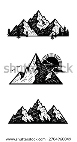 Three distinct stylized hand drawn monochrome illustrations of mountain peaks and ranges, evoking adventure, nature, and exploration. Perfect for badges, logos, and outdoor designs.