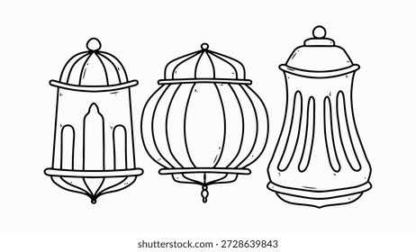Tres faroles decorativos tradicionales distintos en estilo de contorno, adecuados para colorear o Elementos de diseño.