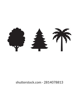 Three distinct tree silhouettes grouped together for versatile design use including broadleaf deciduous tree evergreen needle leaf fir tree and tall slender palm tree isolated on white background flat design style for nature forest environment graphic elements collection simple black vector shapes.