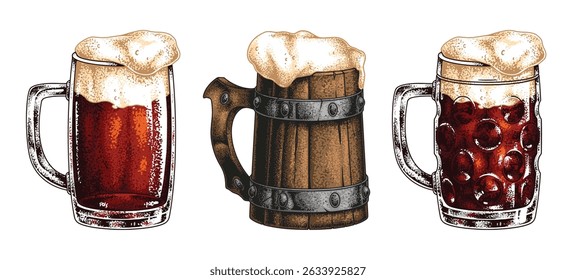 Three distinct types of beer are displayed showcasing unique glassware.