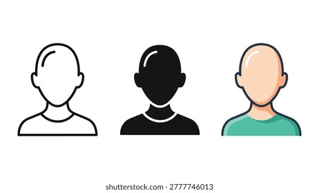Three distinct user profile icons are displayed side-by-side. The icons represent a line art outline, a solid black silhouette, and a simple flat design with a teal shirt.