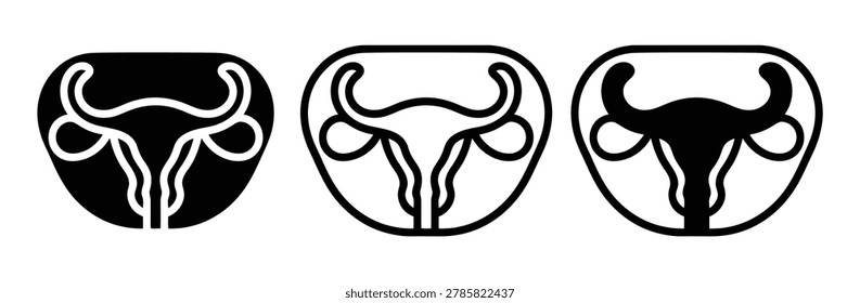 Three distinct uterus icons in black and white, representing the female reproductive system, ideal for medical and health-related projects.